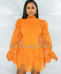 Chic Couture Online JUST IN Zamora Orange Crochet Embroidery Ruffle Ultra Mini Dress