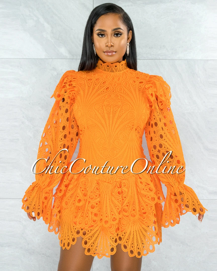 Chic Couture Online JUST IN Zamora Orange Crochet Embroidery Ruffle Ultra Mini Dress