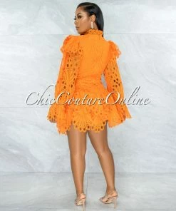 Chic Couture Online JUST IN Zamora Orange Crochet Embroidery Ruffle Ultra Mini Dress