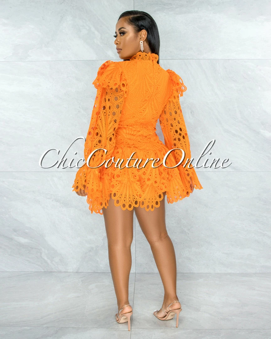 Chic Couture Online JUST IN Zamora Orange Crochet Embroidery Ruffle Ultra Mini Dress