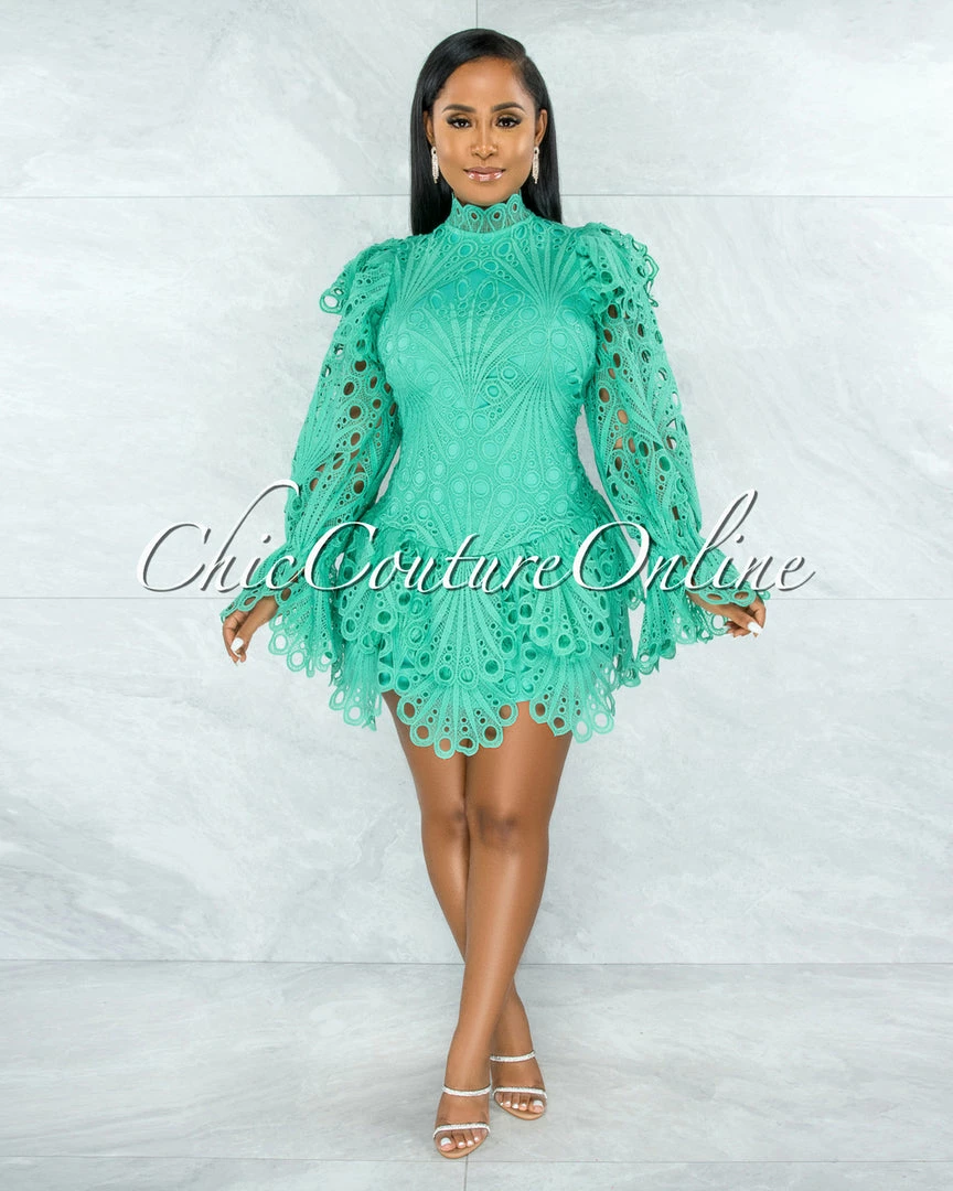Chic Couture Online Zamora Seafoam Green Crochet Embroidery Ruffle Ultra Mini Dress JUST IN