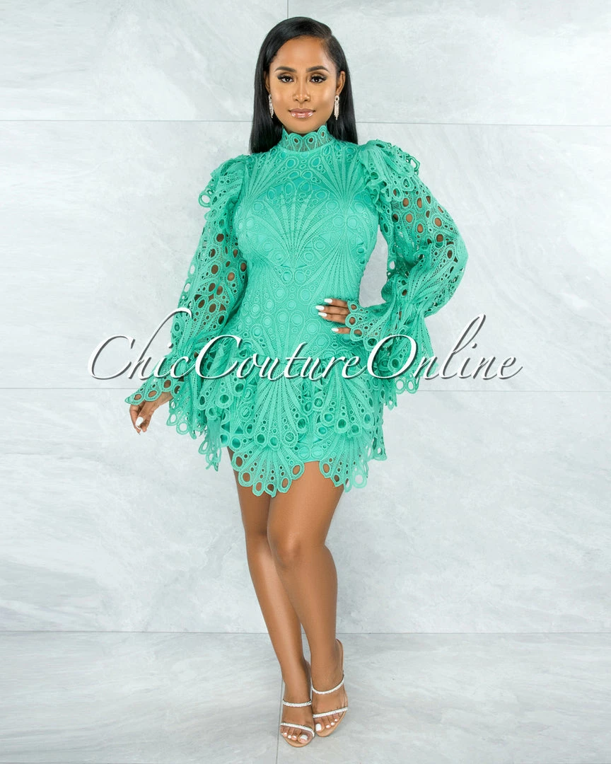 Chic Couture Online Zamora Seafoam Green Crochet Embroidery Ruffle Ultra Mini Dress JUST IN