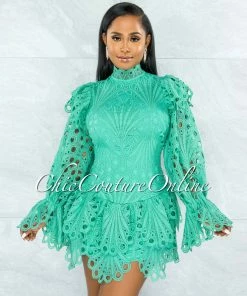 Chic Couture Online Zamora Seafoam Green Crochet Embroidery Ruffle Ultra Mini Dress JUST IN