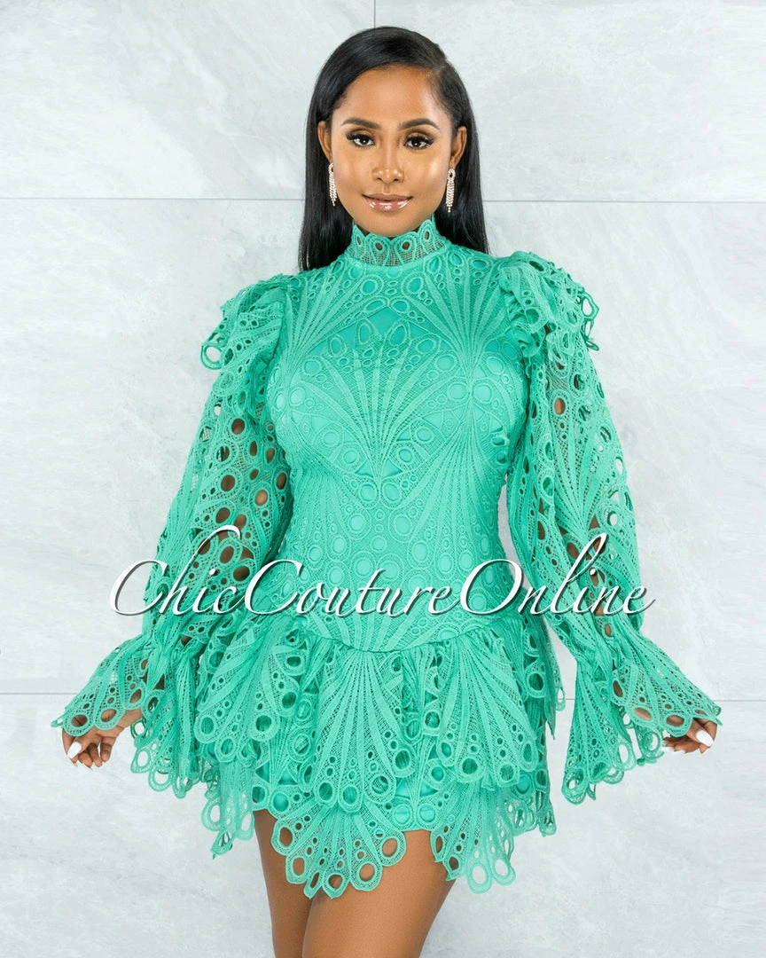 Chic Couture Online Zamora Seafoam Green Crochet Embroidery Ruffle Ultra Mini Dress JUST IN