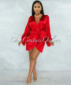 Vendor-unknown JUST IN Emery Red Long Bubble Sleeves Wrap Satin Mini Dress