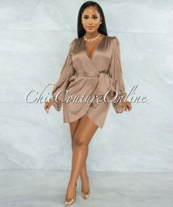 Chic Couture Online JUST IN Emery Mocha Long Bubble Sleeves Wrap Satin Mini Dress