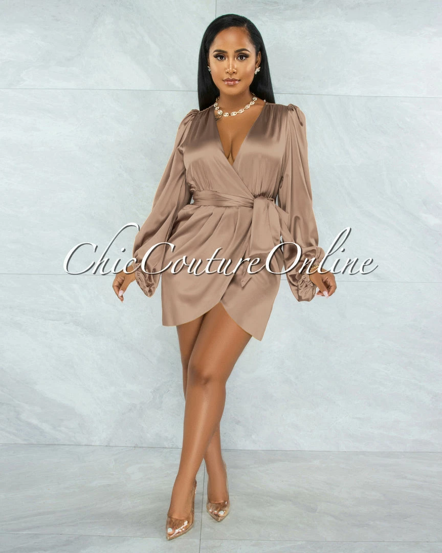Chic Couture Online JUST IN Emery Mocha Long Bubble Sleeves Wrap Satin Mini Dress