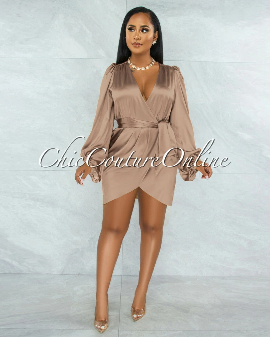 Chic Couture Online JUST IN Emery Mocha Long Bubble Sleeves Wrap Satin Mini Dress