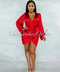 Vendor-unknown JUST IN Emery Red Long Bubble Sleeves Wrap Satin Mini Dress