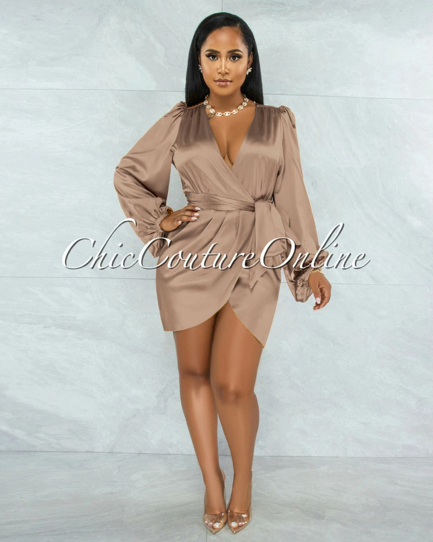 Chic Couture Online JUST IN Emery Mocha Long Bubble Sleeves Wrap Satin Mini Dress