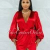 Vendor-unknown JUST IN Emery Red Long Bubble Sleeves Wrap Satin Mini Dress