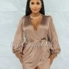 Chic Couture Online JUST IN Emery Mocha Long Bubble Sleeves Wrap Satin Mini Dress