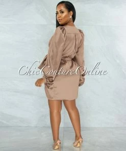 Chic Couture Online JUST IN Emery Mocha Long Bubble Sleeves Wrap Satin Mini Dress