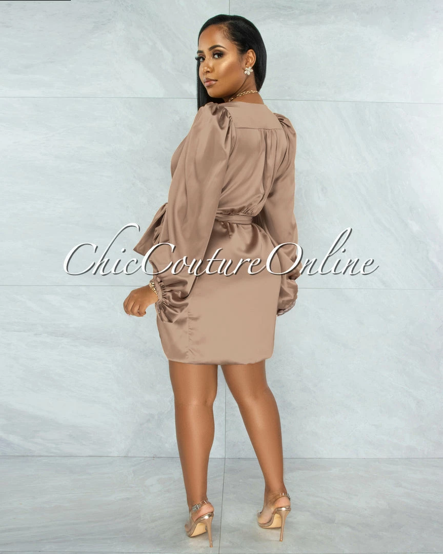 Chic Couture Online JUST IN Emery Mocha Long Bubble Sleeves Wrap Satin Mini Dress