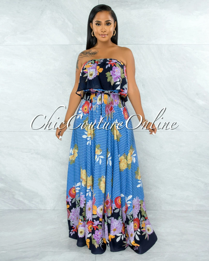 Vendor-unknown Quito Blue Floral Print Overlay Ruffle Maxi Dress JUST IN
