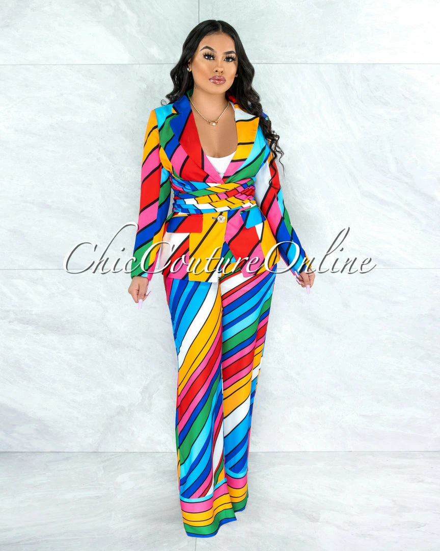 Vendor-unknown Blassie Multi-Color Stripes Double Breast Front Tie & Pants Set JUST IN