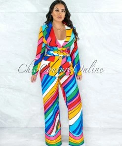 Vendor-unknown Blassie Multi-Color Stripes Double Breast Front Tie & Pants Set JUST IN