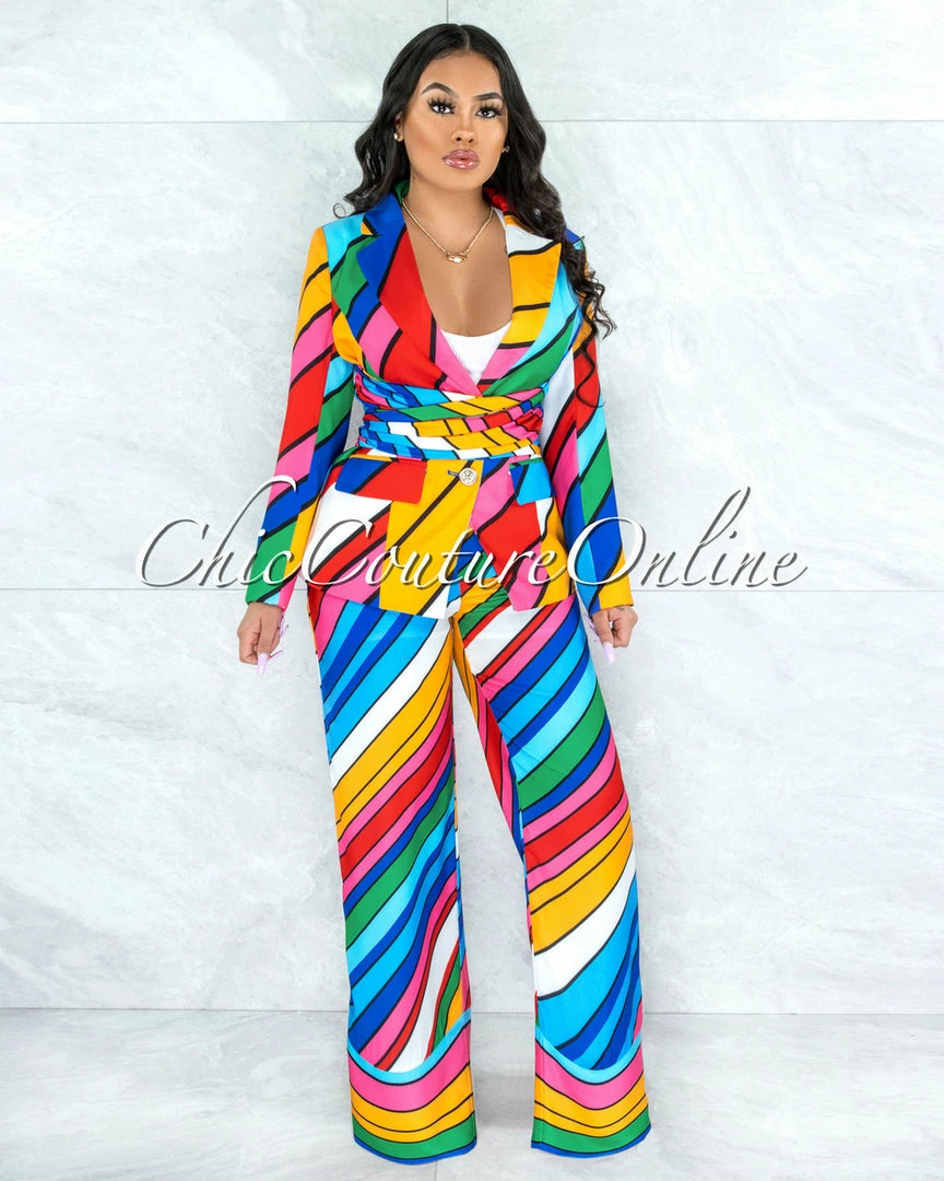 Vendor-unknown Blassie Multi-Color Stripes Double Breast Front Tie & Pants Set JUST IN