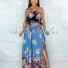 Vendor-unknown Quito Blue Floral Print Overlay Ruffle Maxi Dress JUST IN