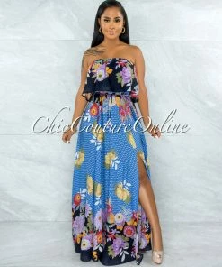 Vendor-unknown Quito Blue Floral Print Overlay Ruffle Maxi Dress JUST IN