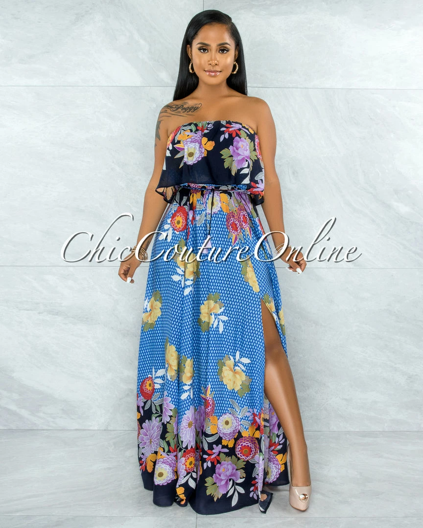 Vendor-unknown Quito Blue Floral Print Overlay Ruffle Maxi Dress JUST IN