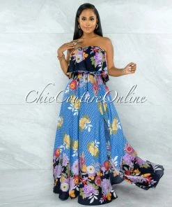 Vendor-unknown Quito Blue Floral Print Overlay Ruffle Maxi Dress JUST IN