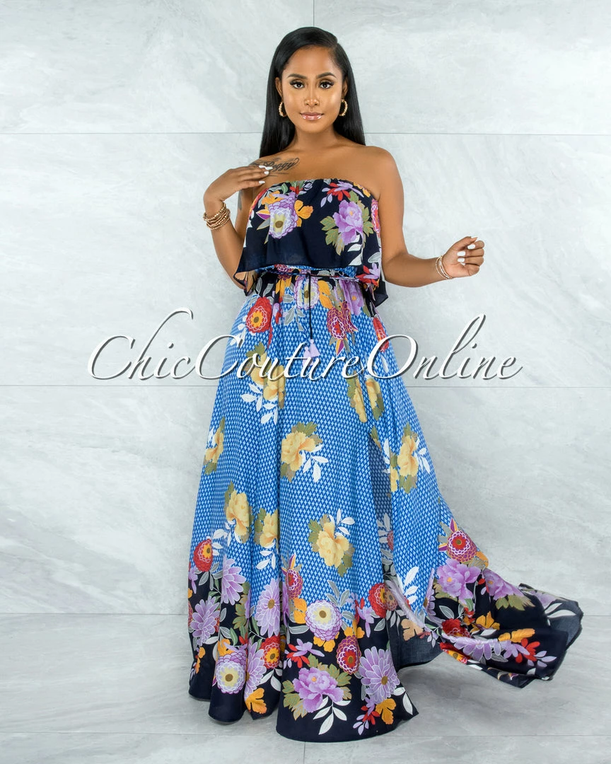 Vendor-unknown Quito Blue Floral Print Overlay Ruffle Maxi Dress JUST IN