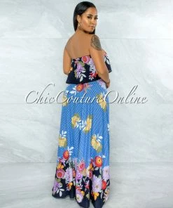 Vendor-unknown Quito Blue Floral Print Overlay Ruffle Maxi Dress JUST IN