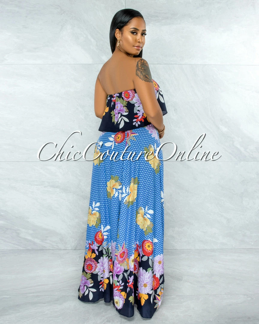 Vendor-unknown Quito Blue Floral Print Overlay Ruffle Maxi Dress JUST IN