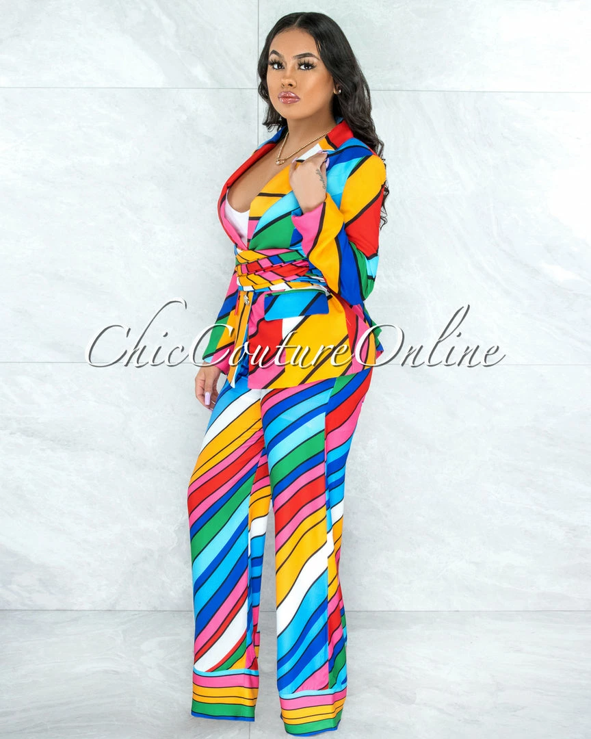 Vendor-unknown Blassie Multi-Color Stripes Double Breast Front Tie & Pants Set JUST IN
