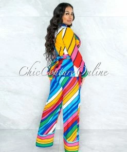 Vendor-unknown Blassie Multi-Color Stripes Double Breast Front Tie & Pants Set JUST IN