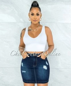 Vendor-unknown JUST IN Borjas Dark Blue Denim Distressed Mini Skirt