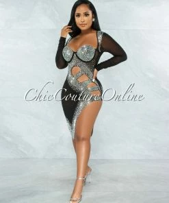 Vendor-unknown Damaris Black Rhinestones Mesh Cut Out Dress