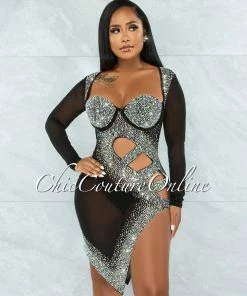 Vendor-unknown Damaris Black Rhinestones Mesh Cut Out Dress