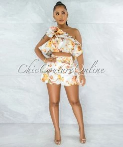 Vendor-unknown Theoris White Mustard Rose Print Ruffle Shorts Two Piece Set JUST IN