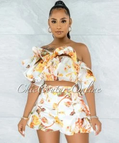 Vendor-unknown Theoris White Mustard Rose Print Ruffle Shorts Two Piece Set JUST IN