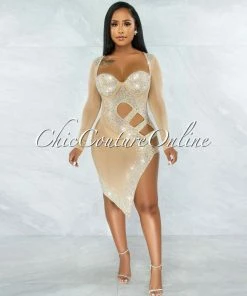 Vendor-unknown Damaris Nude Rhinestones Mesh Cut-Out Dress