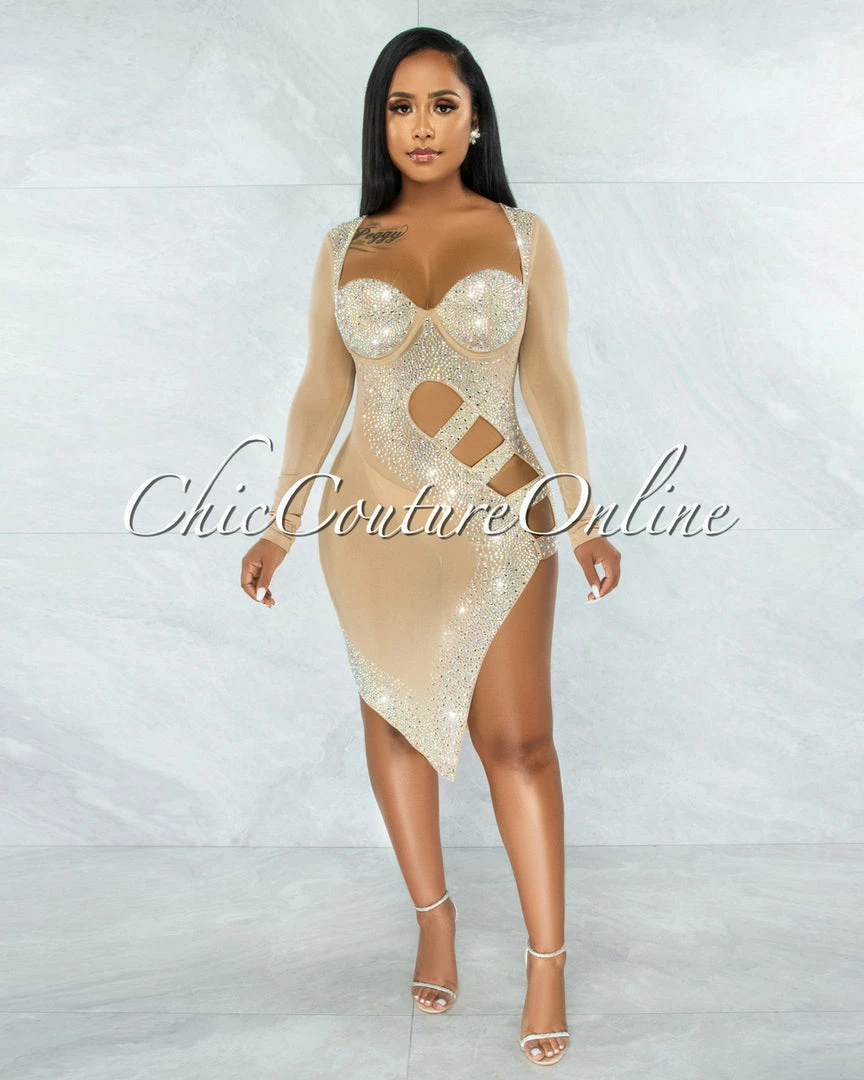 Vendor-unknown Damaris Nude Rhinestones Mesh Cut-Out Dress