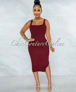 Vendor-unknown Gibelli Burgundy Mesh Ruched Midi Dress JUST IN