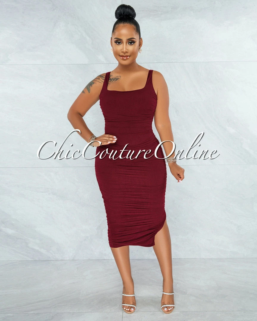Vendor-unknown Gibelli Burgundy Mesh Ruched Midi Dress JUST IN