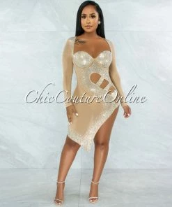Vendor-unknown Damaris Nude Rhinestones Mesh Cut-Out Dress
