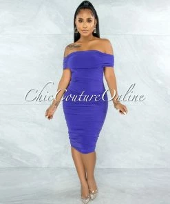 Vendor-unknown Belkis Berry Blue Ruched Off-The Shoulder Midi Dress