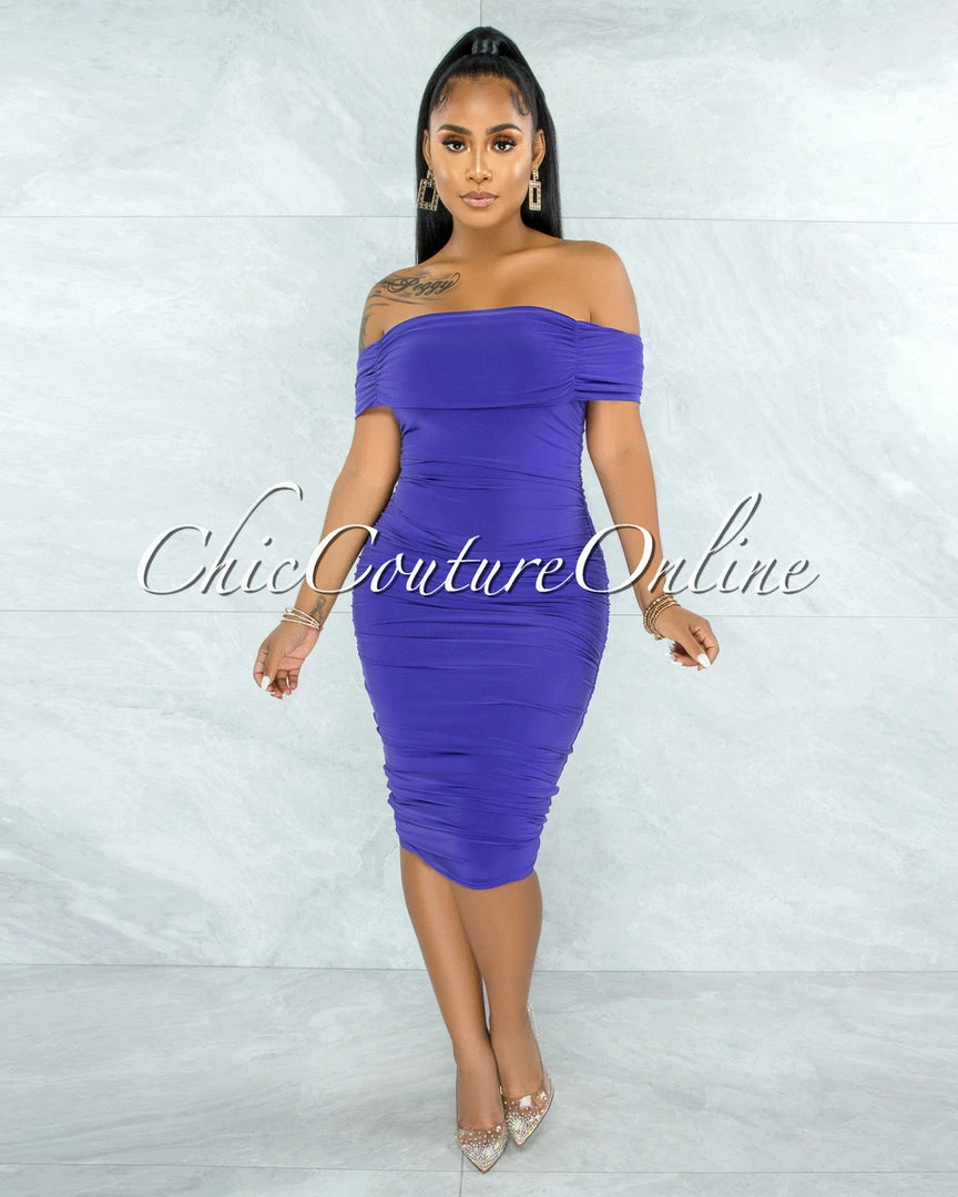 Vendor-unknown Belkis Berry Blue Ruched Off-The Shoulder Midi Dress