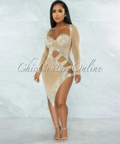 Vendor-unknown Damaris Nude Rhinestones Mesh Cut-Out Dress