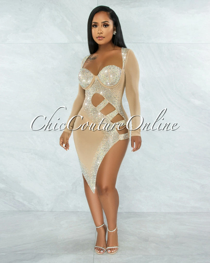 Vendor-unknown Damaris Nude Rhinestones Mesh Cut-Out Dress