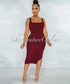 Vendor-unknown Gibelli Burgundy Mesh Ruched Midi Dress JUST IN