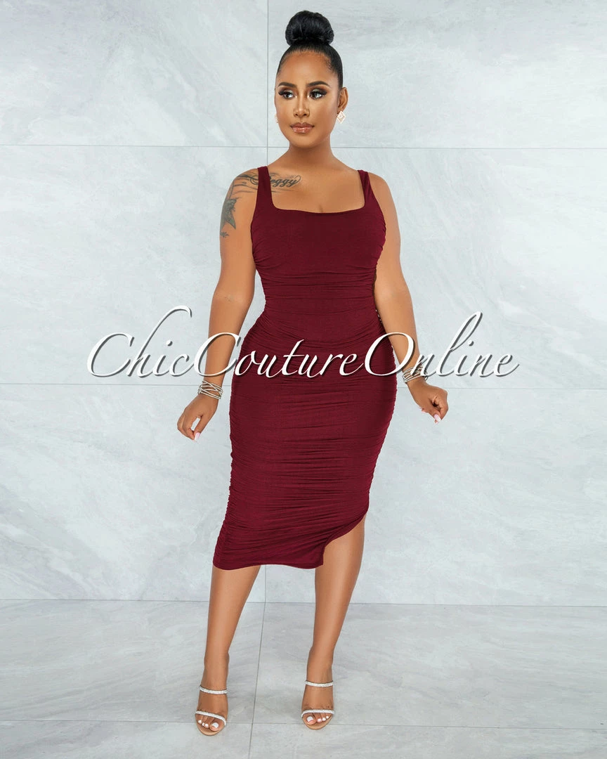 Vendor-unknown Gibelli Burgundy Mesh Ruched Midi Dress JUST IN