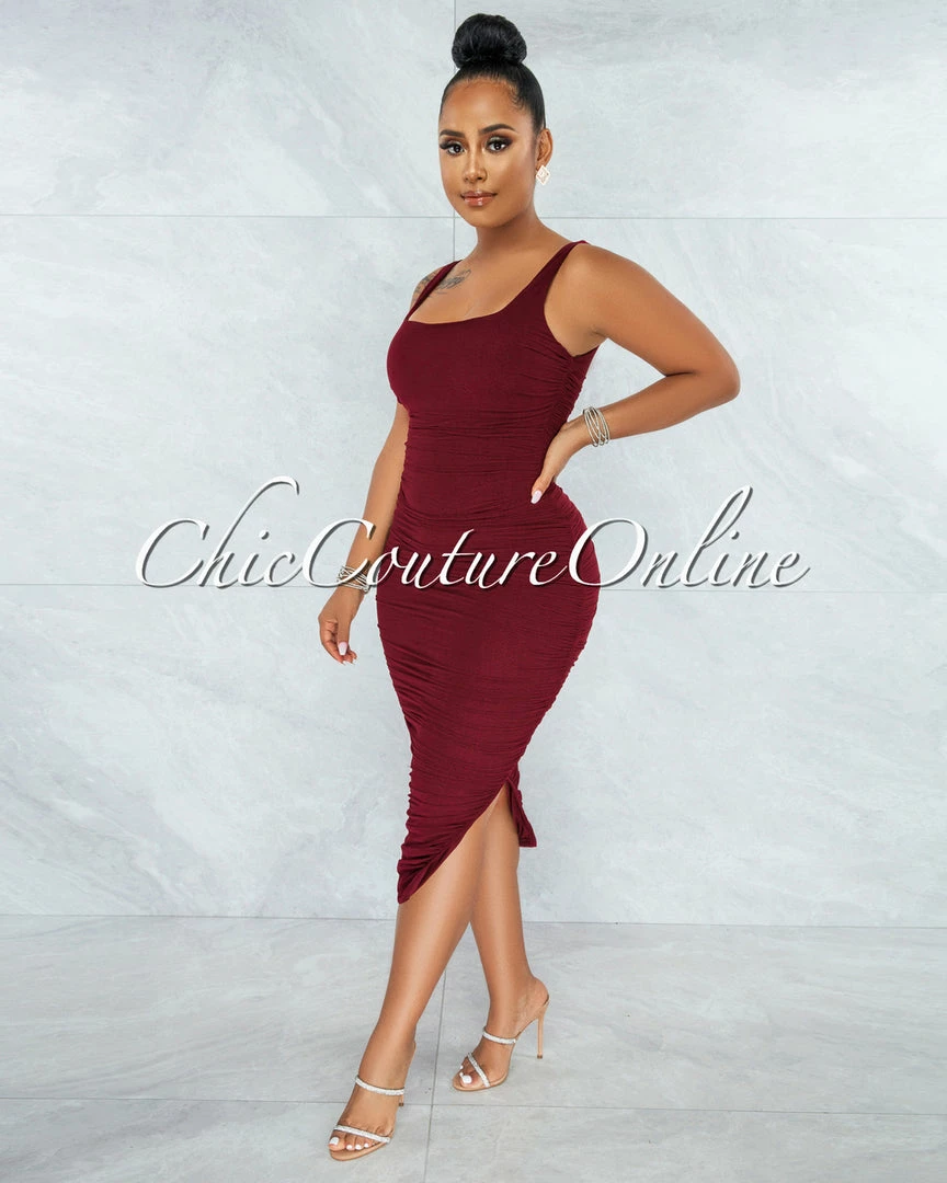 Vendor-unknown Gibelli Burgundy Mesh Ruched Midi Dress JUST IN