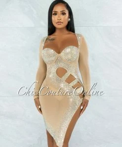 Vendor-unknown Damaris Nude Rhinestones Mesh Cut-Out Dress