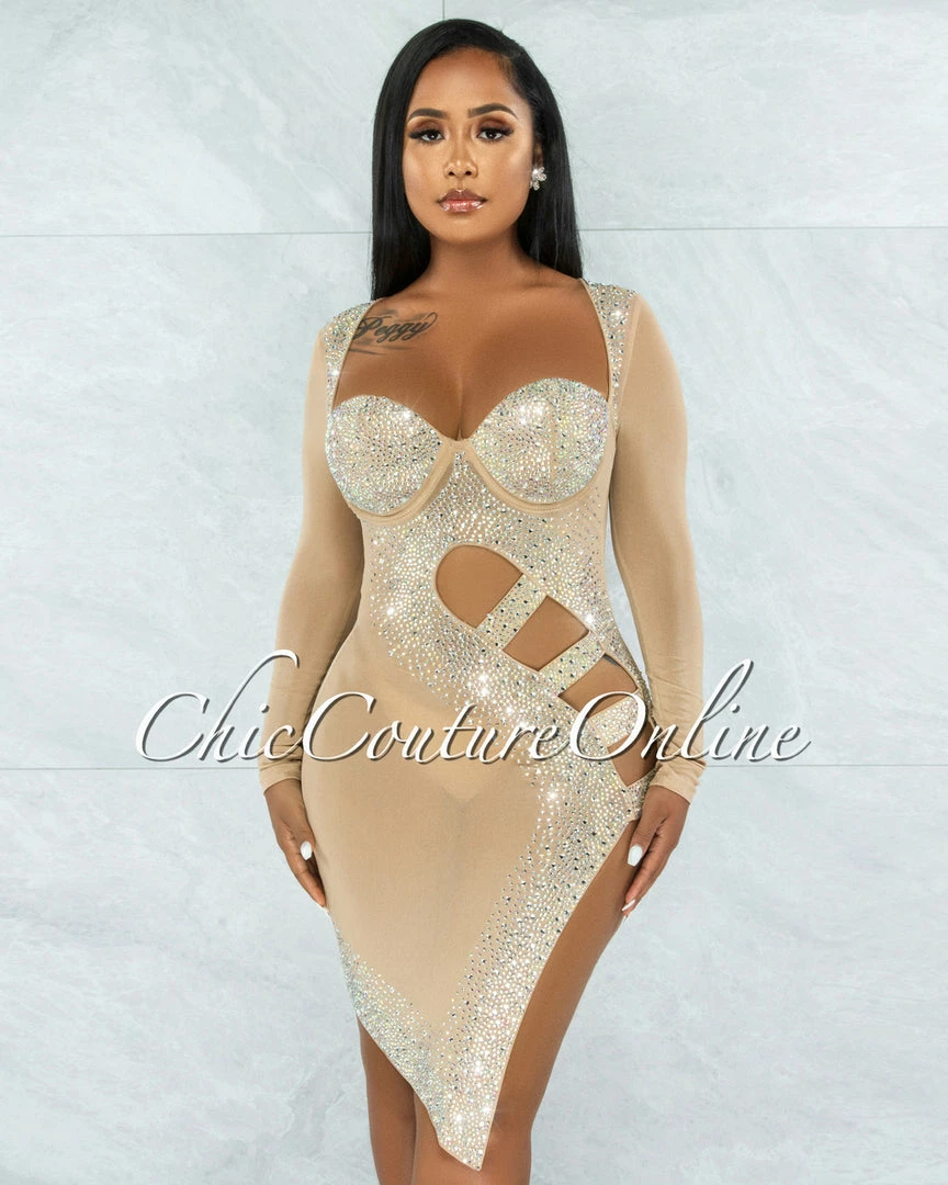 Vendor-unknown Damaris Nude Rhinestones Mesh Cut-Out Dress